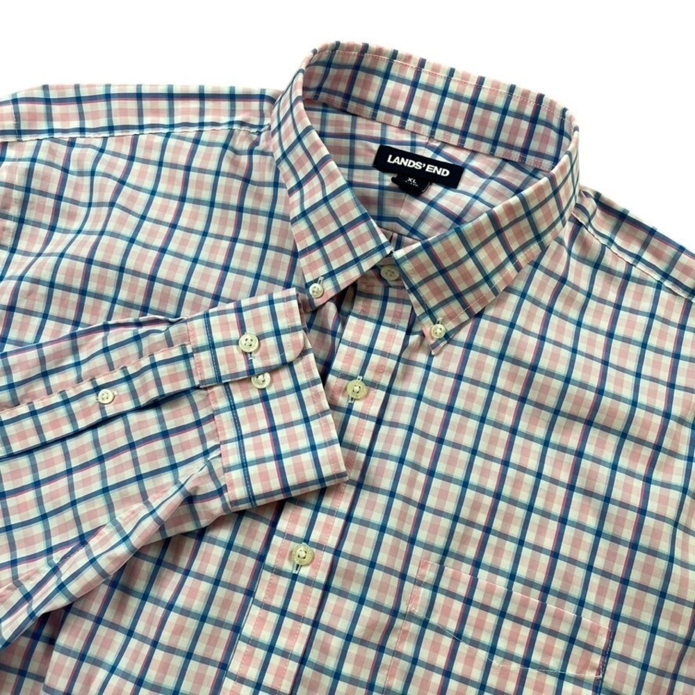 Lands End Men's XL Traditional Fit Pink Blue Tattersall Check Button Down Shirt